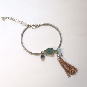 Silver Bracelet with‎ Green Stones and Tan Tassel